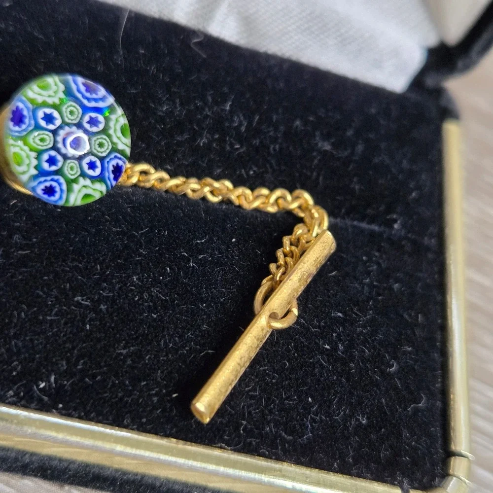Vintage Millefiori Glass Mosaic Tie Tack Gold Tone Guard Chain Pin